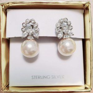 BNIB Sterling Silver Faux Pearl Beige Earrings with Clear Cubic Zirconia Stones